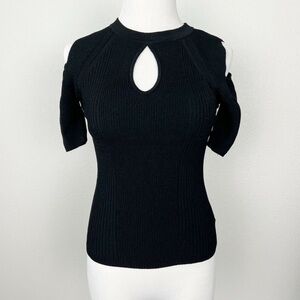 Bebe Black Keyhole Cutout Cold Shoulder Ribbed Knit Top